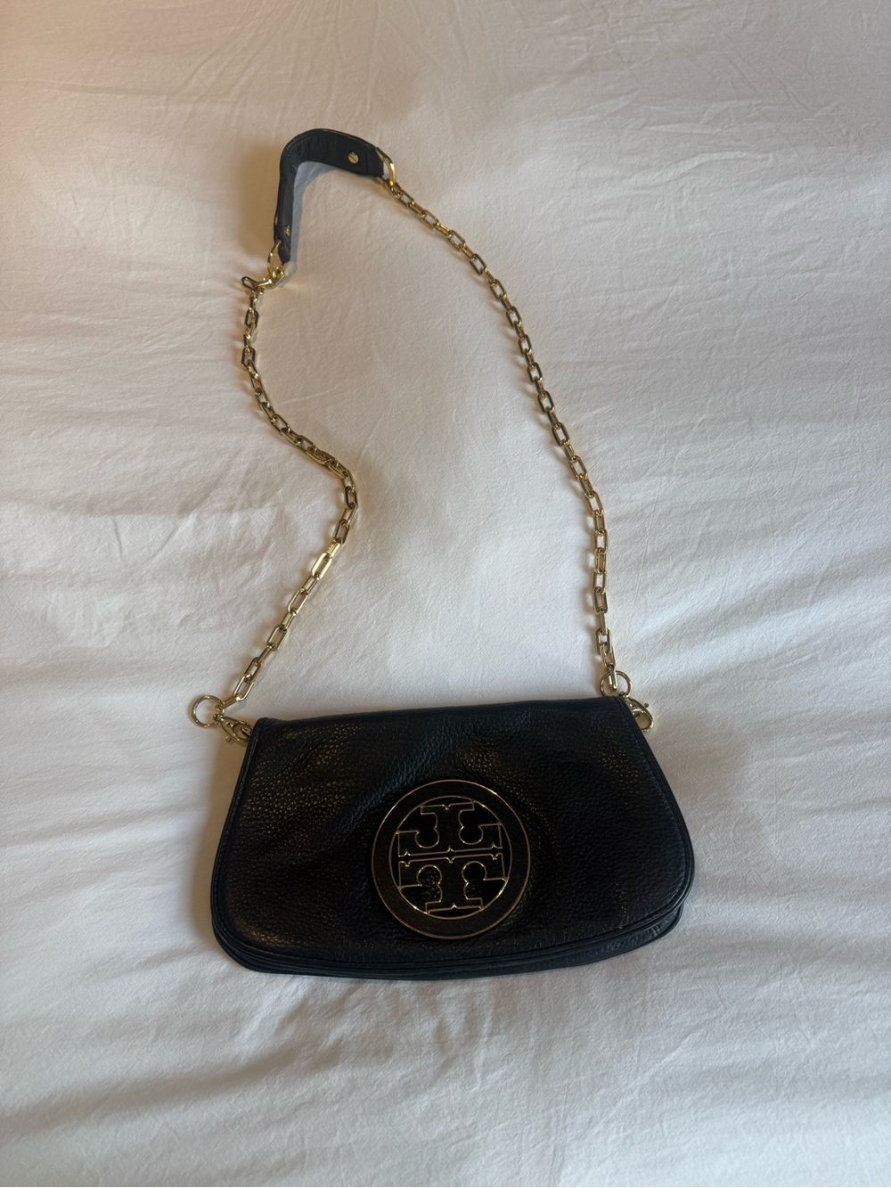Tory Burch Black Pebbled Leather Shoulder Bag with Gold Chain